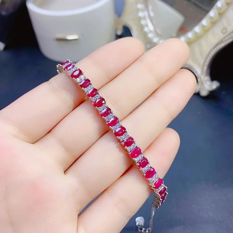 925 Silver Full-Set Natural Ruby Bracelet, AAA Gemstone Chain with Certification, Luxury Red Jewelry for Women