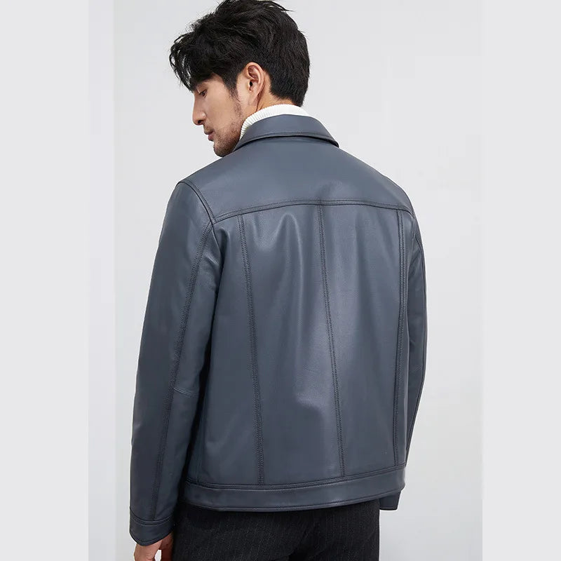 Men's Blue Sheepskin Leather Jacket, Slim Lapel Style Coat | Vexaroa