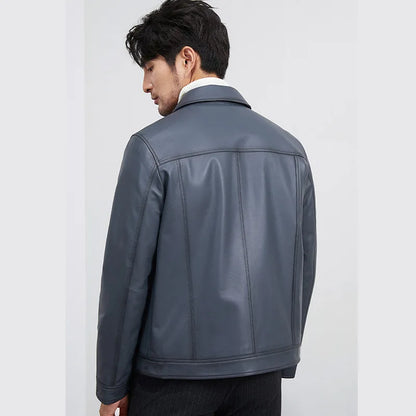 Men's Blue Sheepskin Leather Jacket, Slim Lapel Style Coat | Vexaroa