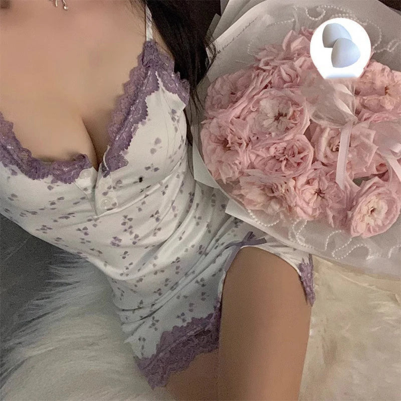 Vexaroa Pink Cherry Print Mini Dress | Lace Trim Nightgown