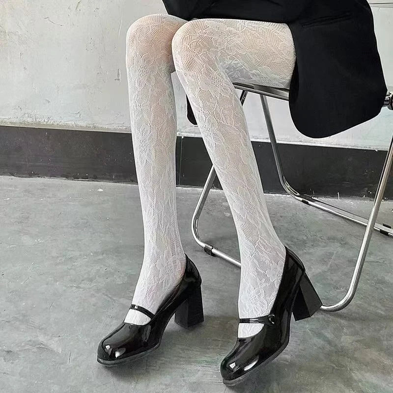 Leggings Hollowed Out Mesh Retro Girls Stockings Japanese Bottomed Lace Pantyhose Floral Rattan Black Tights