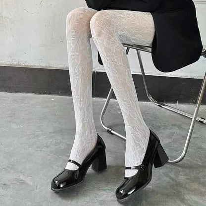 Leggings Hollowed Out Mesh Retro Girls Stockings Japanese Bottomed Lace Pantyhose Floral Rattan Black Tights