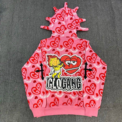 Glo Gang Zip Hoodie Unisex Rhinestone Embellished Cartoon Print Pink Streetwear Cozy Hooded Sweatshirt