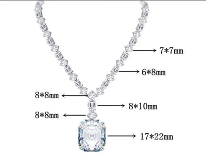 Diamond necklace with measurements labeled on a white background