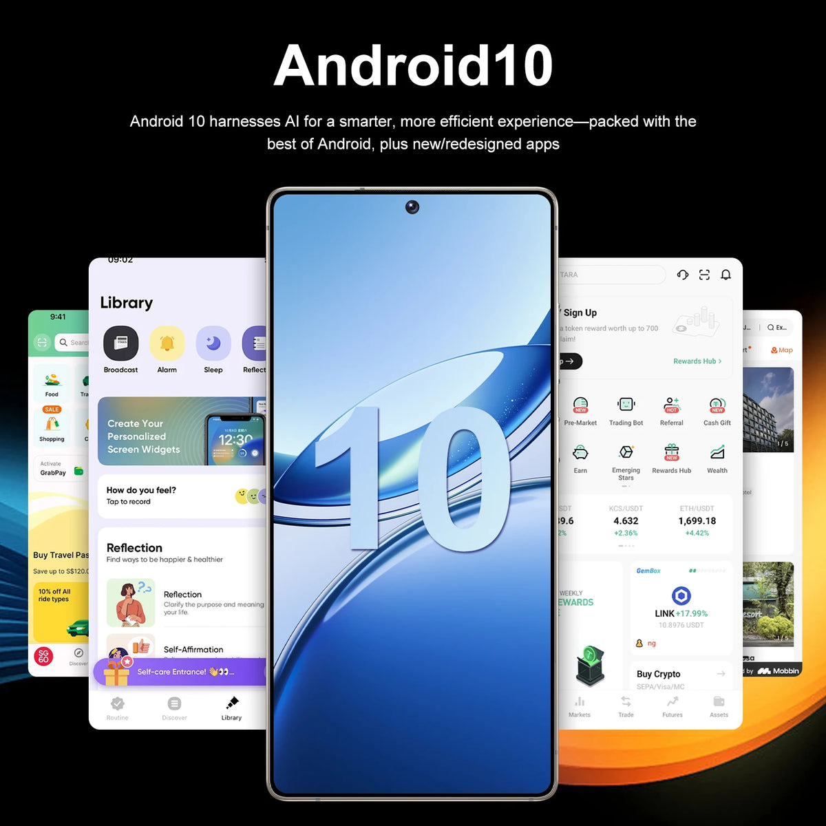 Promotional graphic for Android 10 showing a smartphone centered on a black background with the text 'Android 10' at the top and several app interface screenshots fanned behind it.