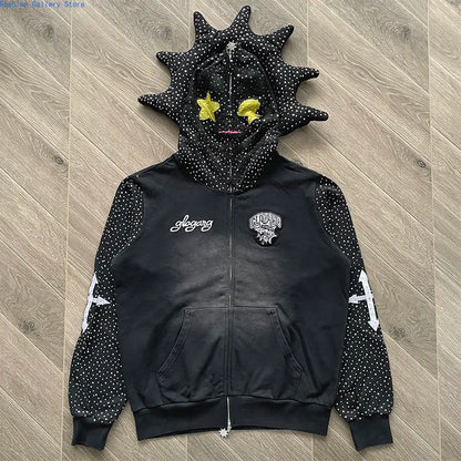 Glo Gang The Glory Full Zip Embroidery Hot Diamond Personality Pointed Corner Hooded Sweater GLO26HD9