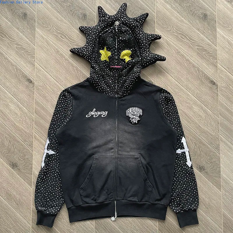 Glo Gang The Glory Full Zip Embroidery Hot Diamond Personality Pointed Corner Hooded Sweater GLO26HD9