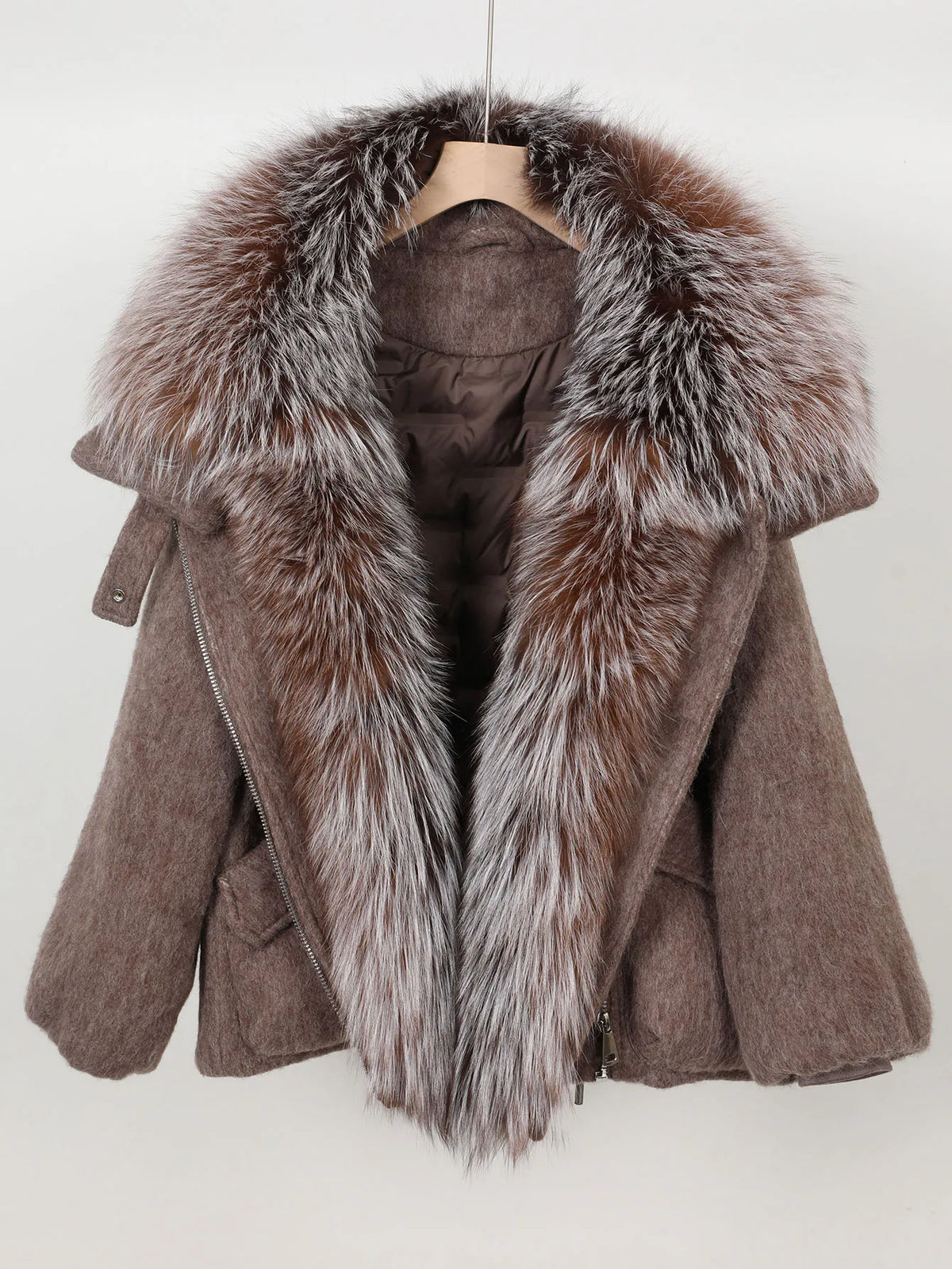 Women's Wool Puffer Jacket with Fox Fur Collar at Vexaroa