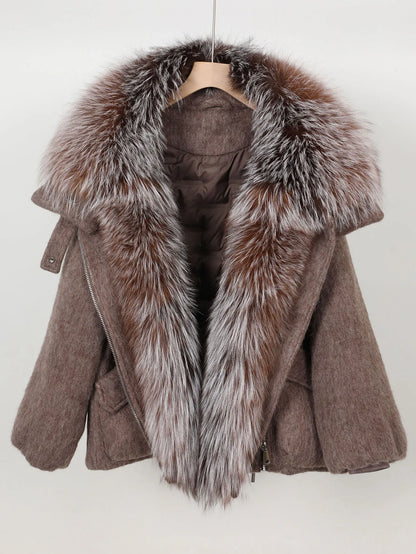 Women's Wool Puffer Jacket with Fox Fur Collar at Vexaroa