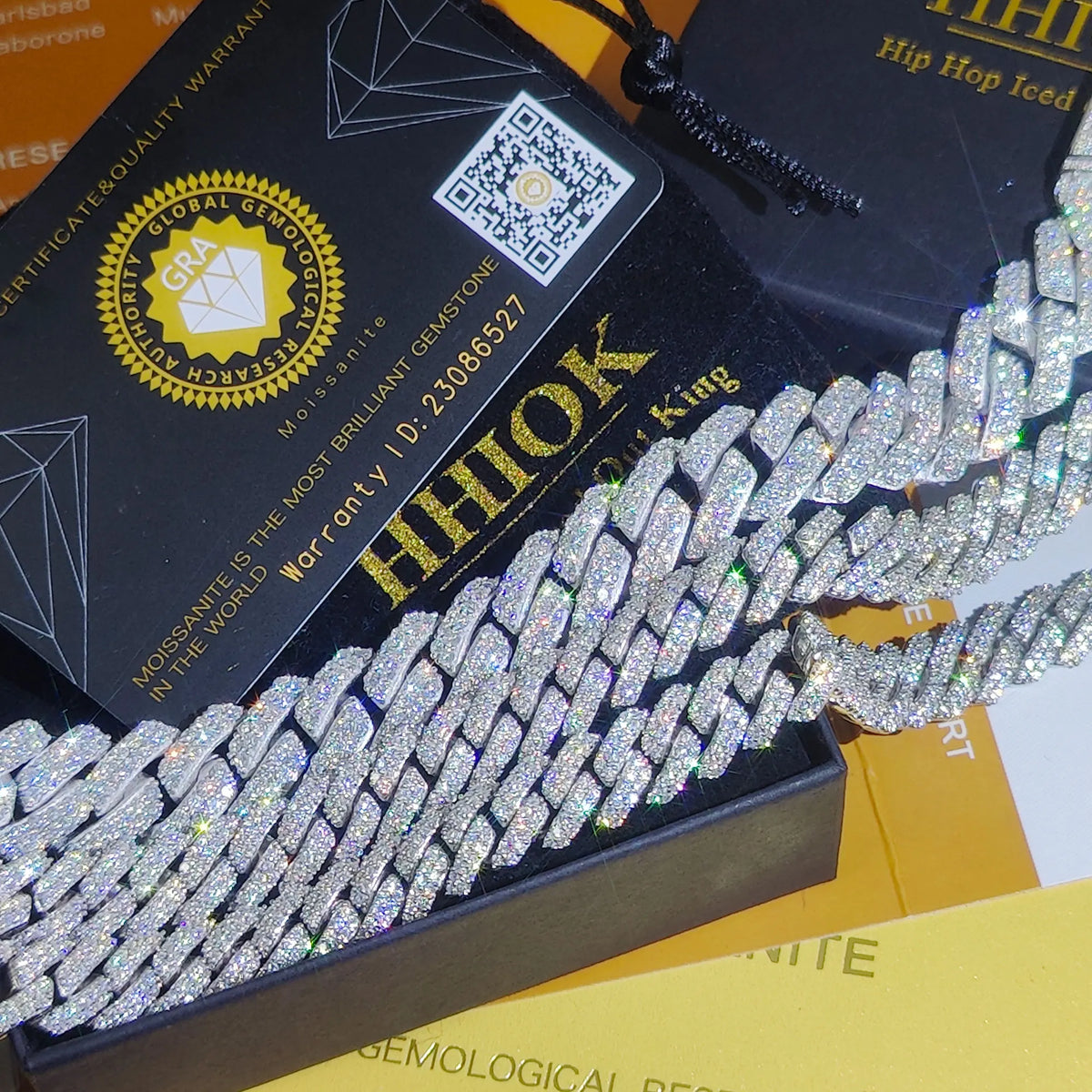 Diamond-studded chain with a GIA certificate and HHIOK branding on a yellow background