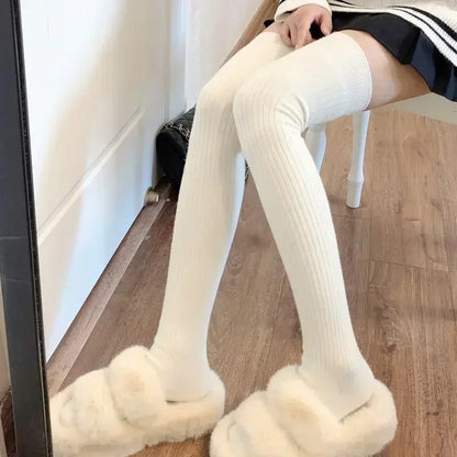 Women's Knee High Socks Paired with Boots Black White Pure Cotton Autumn and Winter Wool Long Socks Winter Warm Pile High Sock