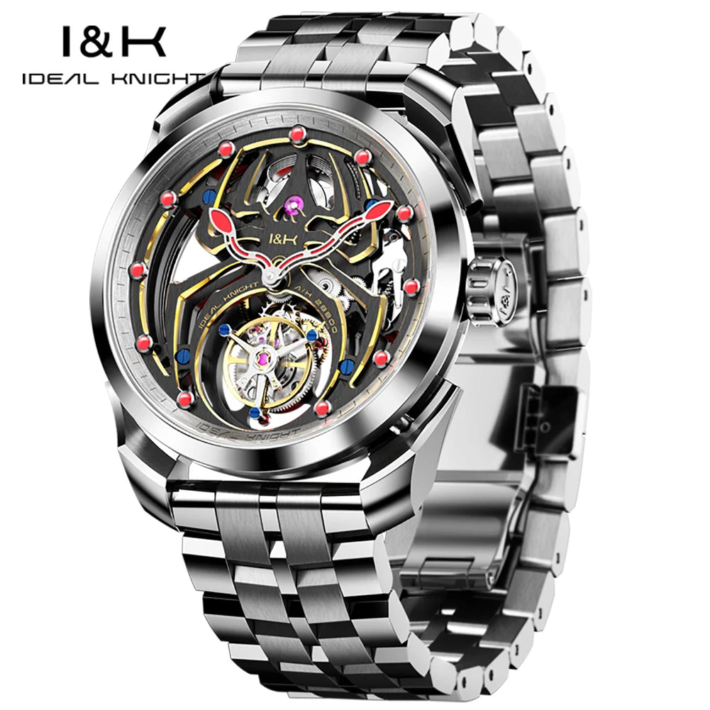 IDEAL KNIGHT Real Tourbillon Men's Watches High-Grade Fully Hollowed Spider Pattern Cool Dial Top Luxury Mechanical Watches 6802
