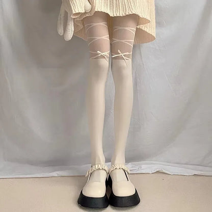 Thin Stockings Women Bowknot Straps  Pantyhose Long Tights Socks Black White Sexy Lingeries for Woman