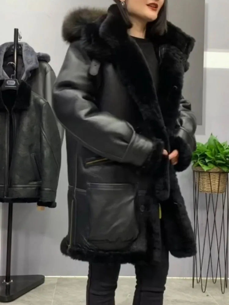 Sheepskin Shearling Coat Men Women Hood Black | Vexaroa — product image