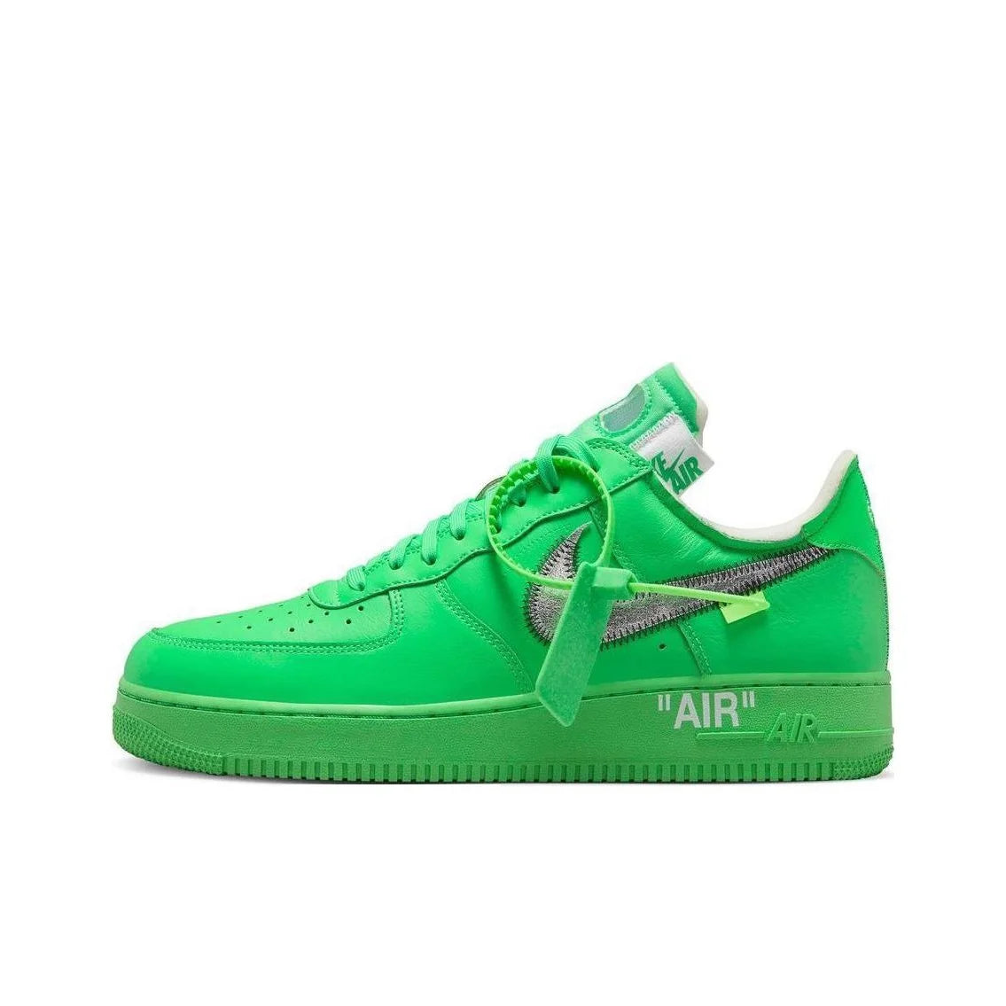 A bright green Nike Air Force 1 Low sneaker with matching green laces, a green heel tab, and a silver metallic Swoosh on a white background.