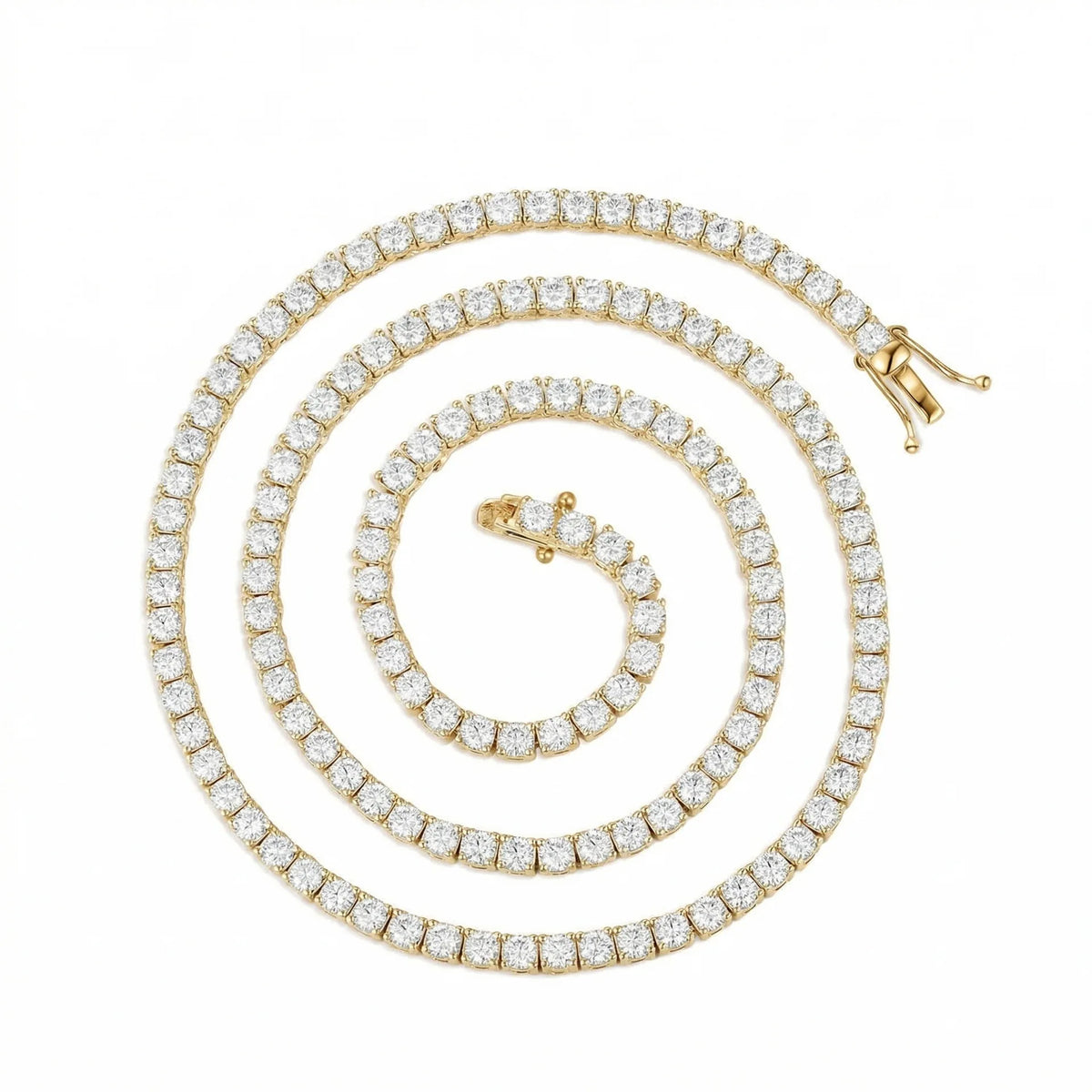 A yellow gold tennis necklace with a continuous row of round-cut clear gemstones, arranged in a spiral on a solid white background.