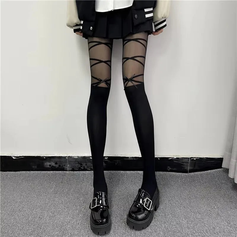 Thin Stockings Women Bowknot Straps  Pantyhose Long Tights Socks Black White Sexy Lingeries for Woman