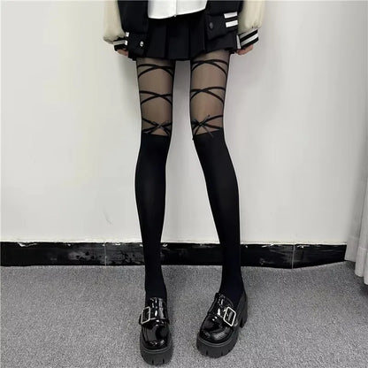 Thin Stockings Women Bowknot Straps  Pantyhose Long Tights Socks Black White Sexy Lingeries for Woman