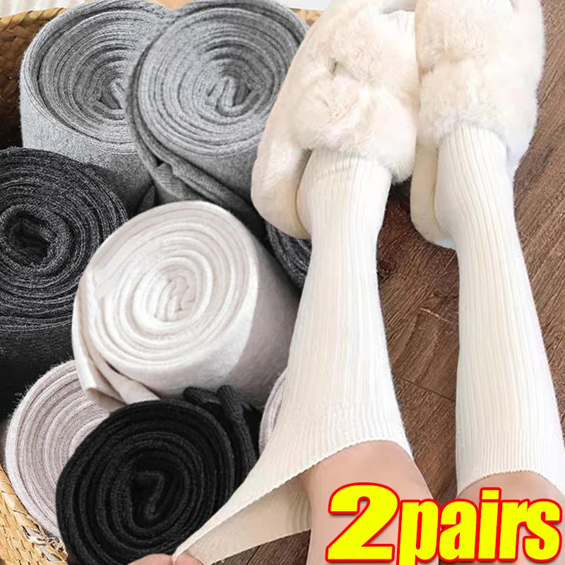 Women's Knee High Socks Paired with Boots Black White Pure Cotton Autumn and Winter Wool Long Socks Winter Warm Pile High Sock