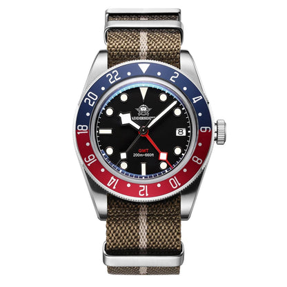 Wristwatch with a brown strap, red and blue bezel, and black face on a white background