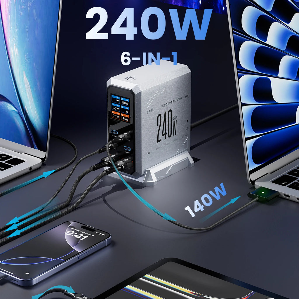 Vexaroa 240W 6-Port GaN USB-C Charger Station