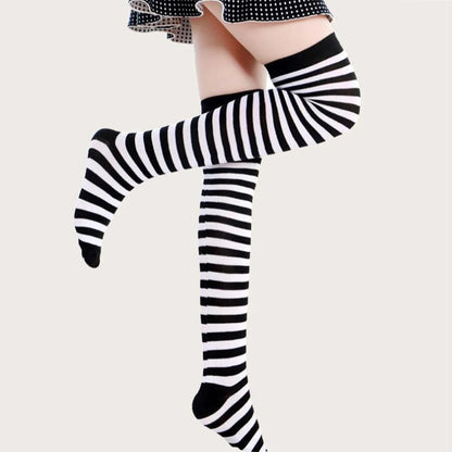 Stocking Over Knee Socks Fashion Women Keep Warm Slim Long Socks Black White Striped Hosiery