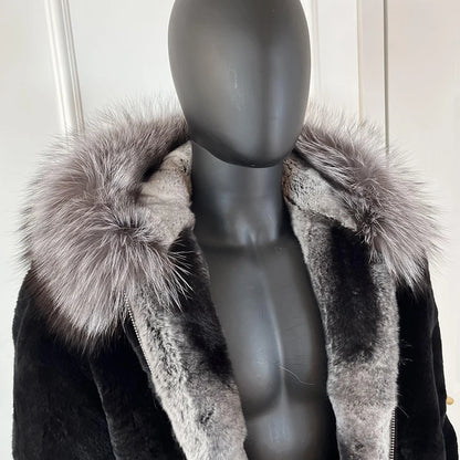 Men's Rabbit Fur Coat with Hood Black Chinchilla | Vexaro