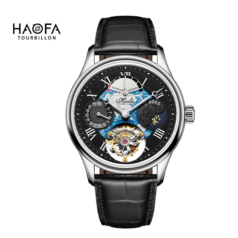 A Haofa Tourbillon men's watch with a silver stainless steel case, black leather strap, and a complex skeleton dial showing blue, gold, and black details, set against a plain white background with the brand logo in the top-left corner.