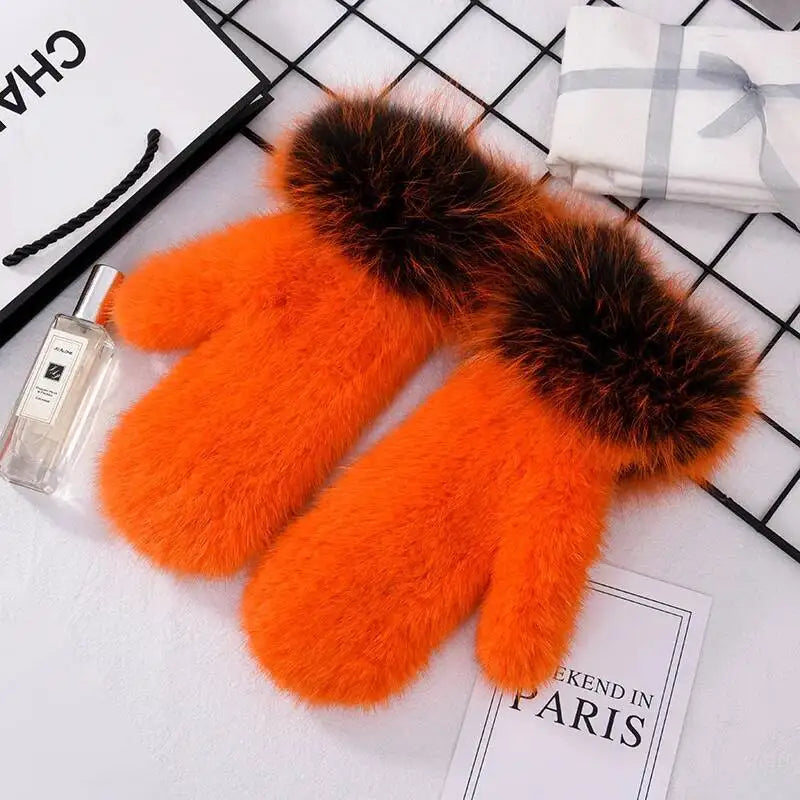 Women's Real Mink Fur Gloves Fox Fur Cuffs Winter | Vexaro