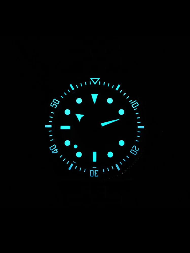 Glowing blue watch face on a black background