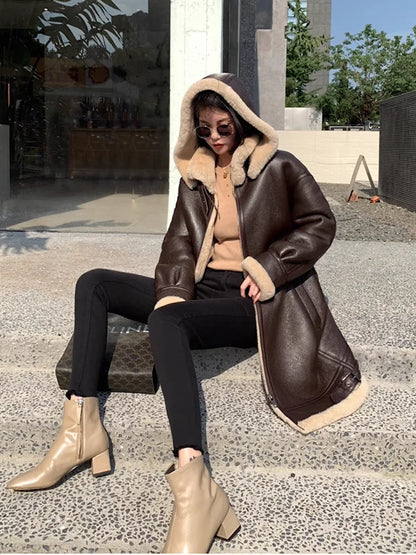 A woman sits on stone steps wearing a dark brown shearling-lined hooded jacket with beige fur trim, black pants, and beige ankle boots.