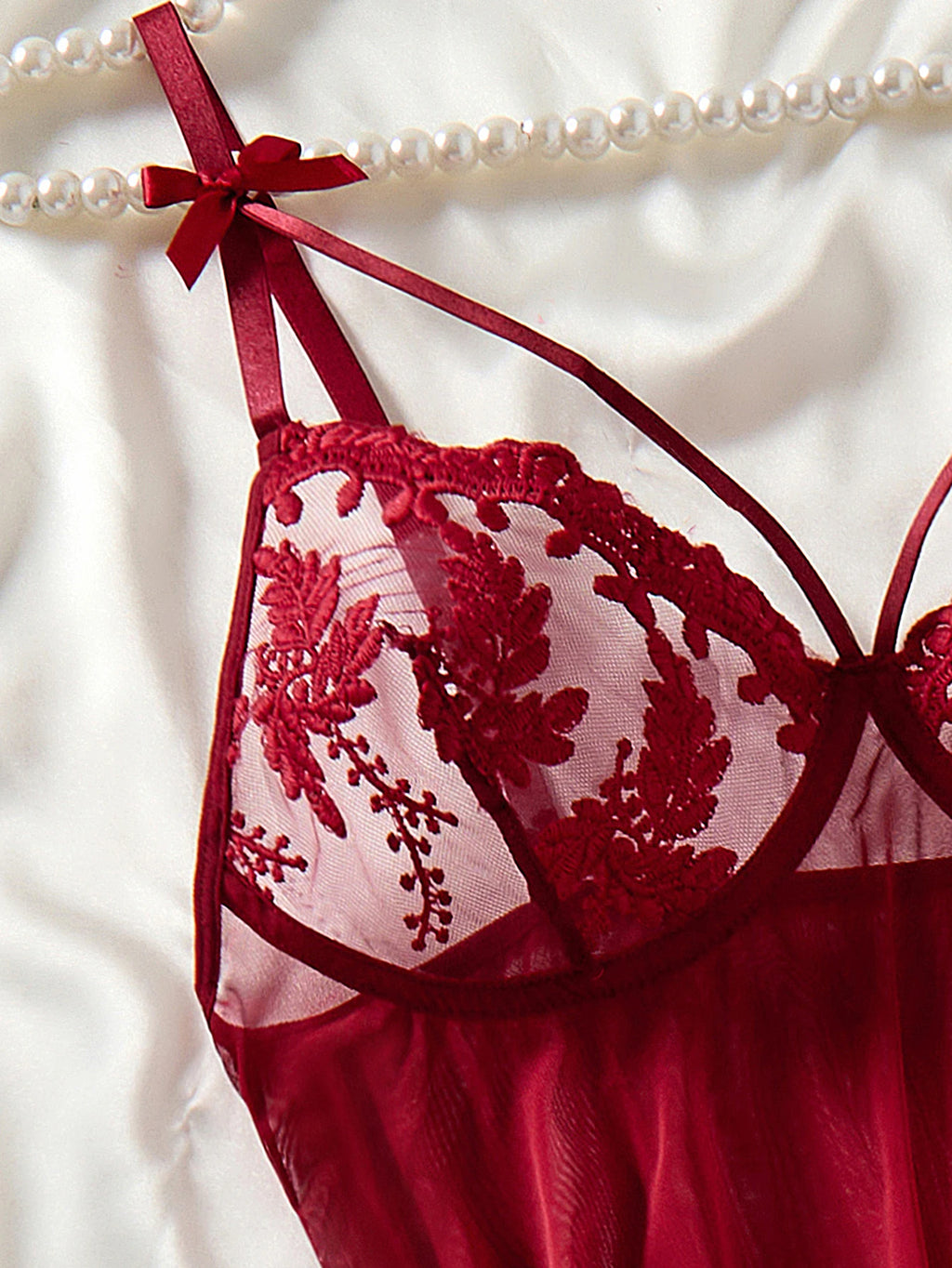 Vexaroa Wine Red Wheat Embroidery Sheer Nightgown Bow