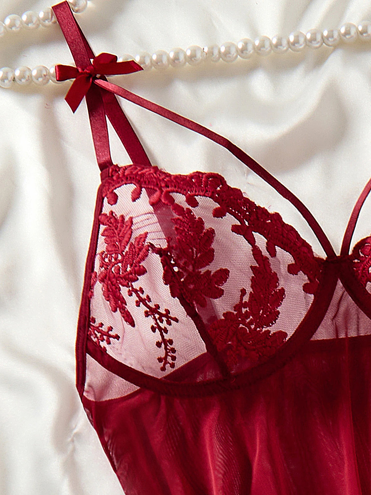 Vexaroa Wine Red Wheat Embroidery Sheer Nightgown Bow