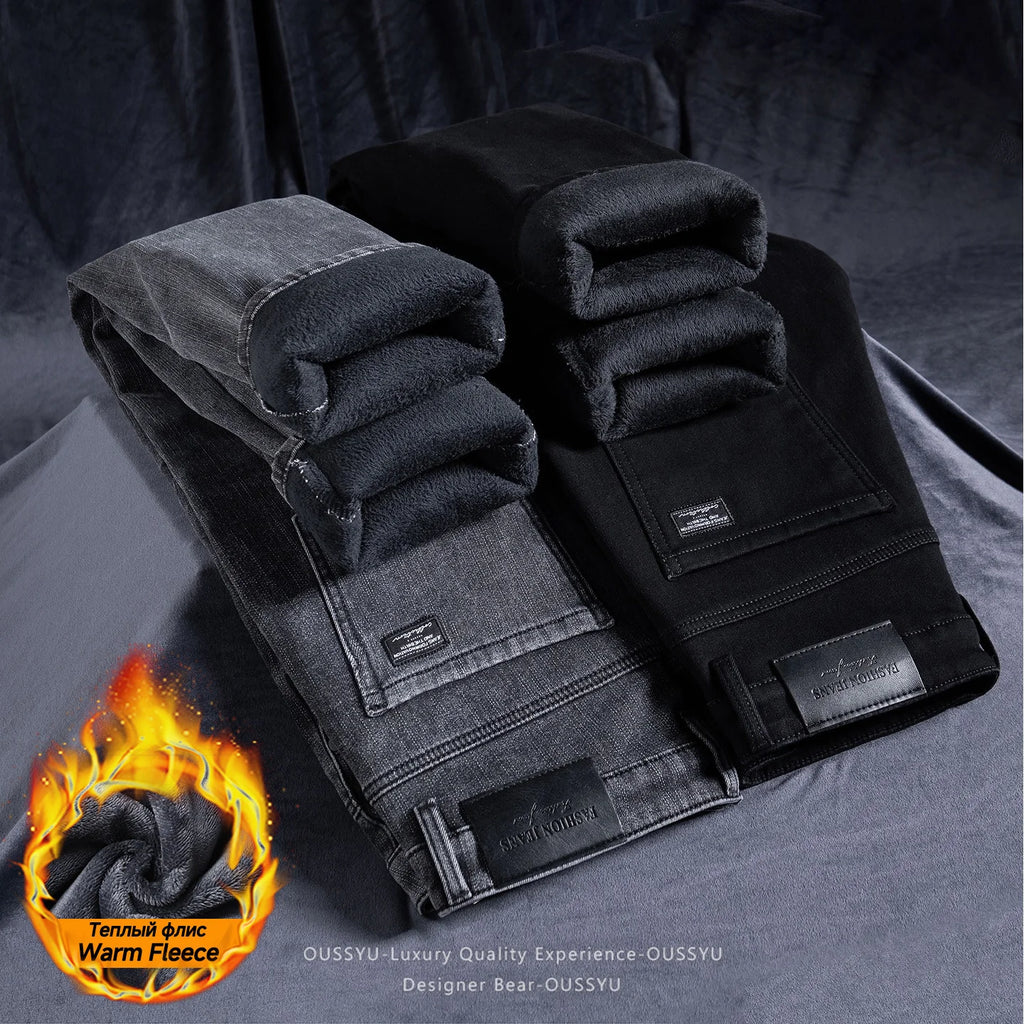 2027 Winter Warm Fleece Men's Jeans Gray Black Cotton Slim Elastic Business Denim Pants Thicked Trousers Male Skinny Streetwear