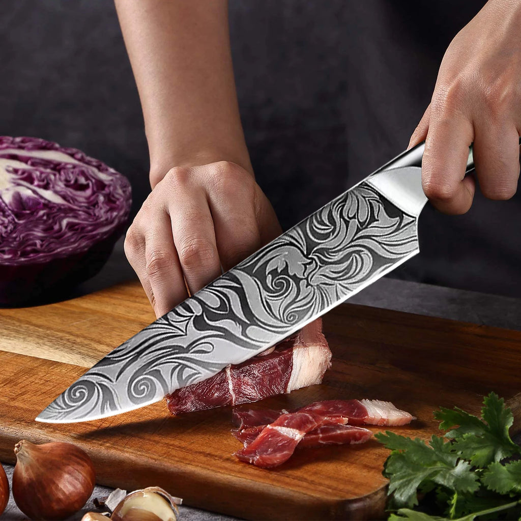 Kitchen Knife Set Stainless Steel Ultra Sharp Paring Boning Santoku Cleaver Bread Chef Knife with Green Resin Handle