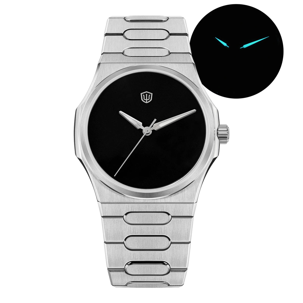 Silver watch with black face on a white background
