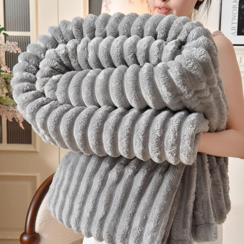 Wide Stripe Imitation Rabbit Plush Blanket Autumn Winter Warm Double Bed Blankets Fluffy Soft Tie-Dye Flannel Sofa Throw Blanket