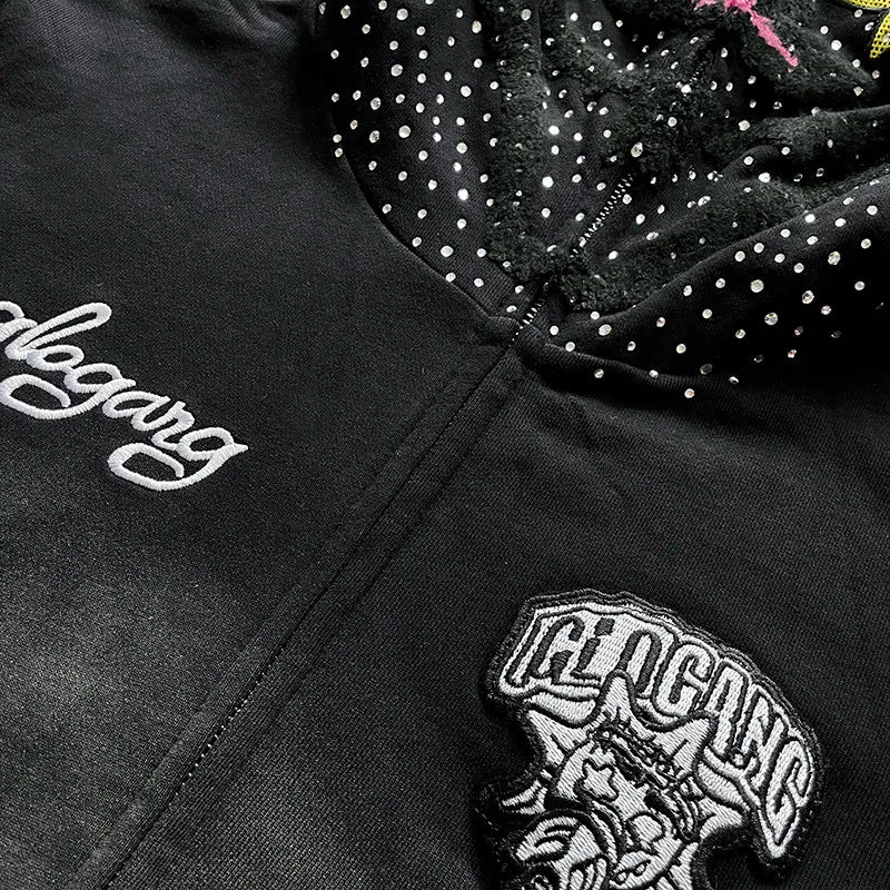 Glo Gang The Glory Full Zip Embroidery Hot Diamond Personality Pointed Corner Hooded Sweater GLO26HD9