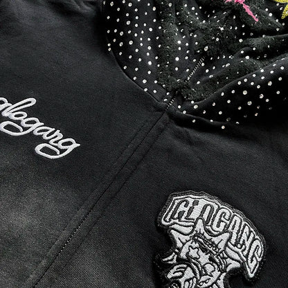 Glo Gang The Glory Full Zip Embroidery Hot Diamond Personality Pointed Corner Hooded Sweater GLO26HD9