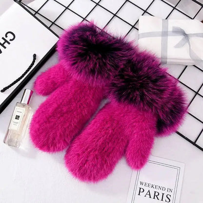 Women's Real Mink Fur Gloves Fox Fur Cuffs Winter | Vexaro