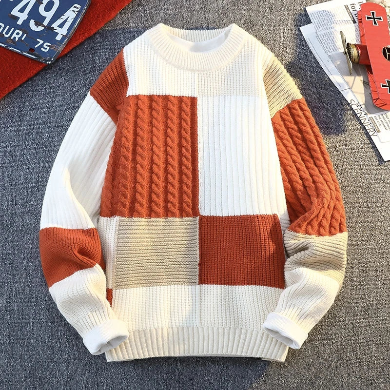 Vexaroa Men's Plaid Knit Sweater – Casual Loose Warm Patchwork Pullover