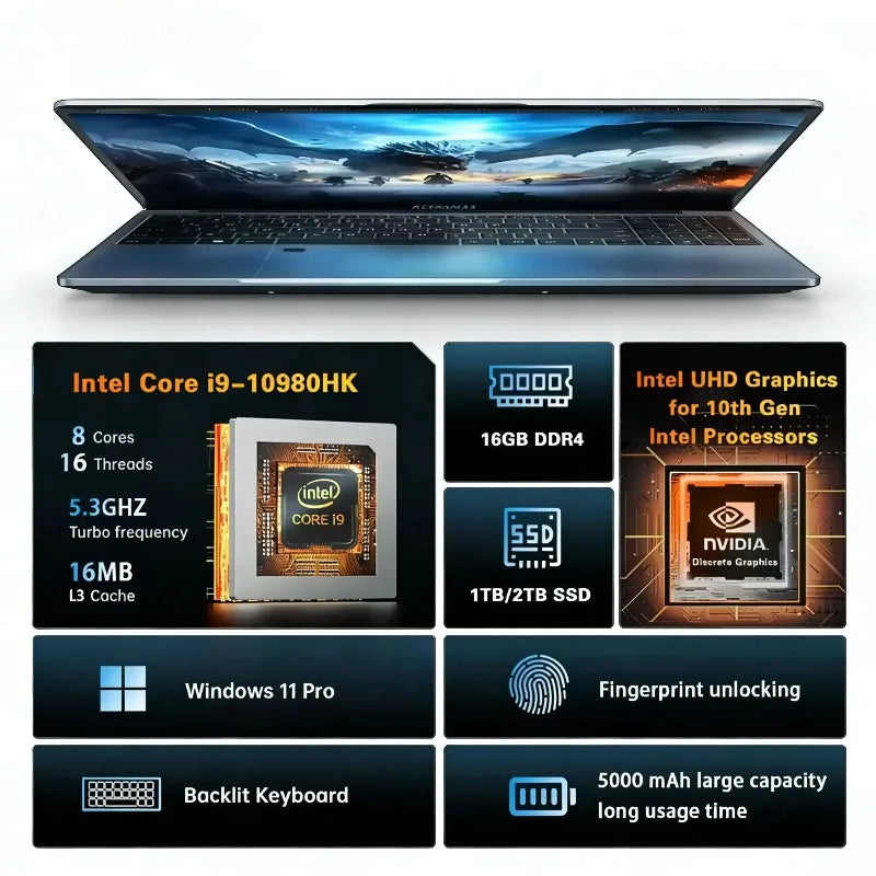 New Portable 15.6' Gaming Laptop Computer Intel Core I9 10980HK Windows 11 PC Gamer 32GB RAM Fingerprint Unlock Notebook PC