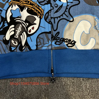 Mens Glo Gang Zip Hoodie Streetwear Cartoon Graffiti Design Soft Cotton Casual Fashion Sweatshirt