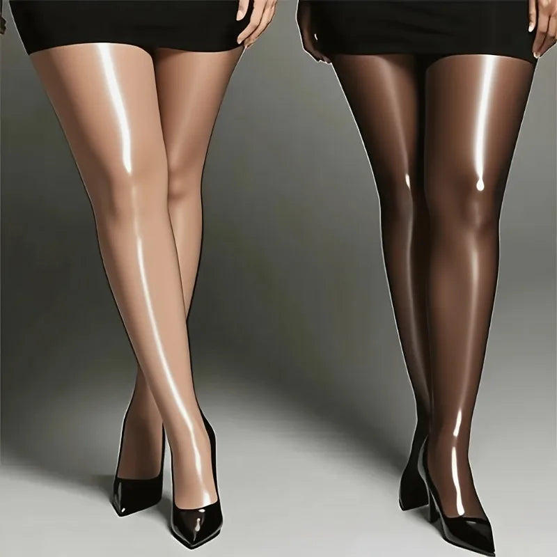 Vexaroa Plus Size Oil Gloss High Waist Sheer Pantyhose Tights
