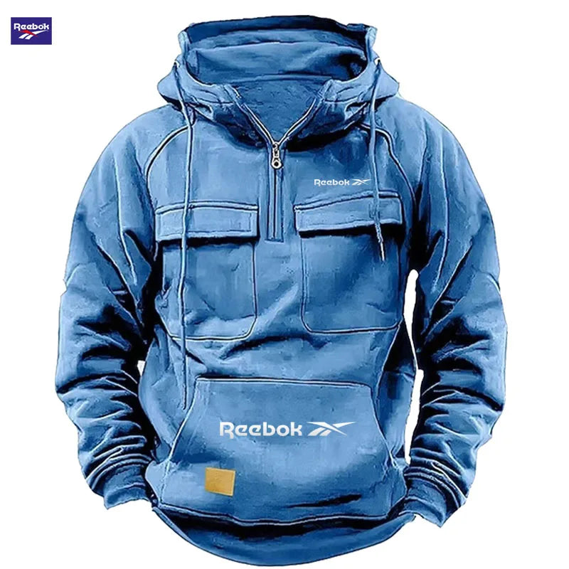 Vexaroa Men's Patchwork Hooded Sweatshirt Multi-Pocket Casual Reebok