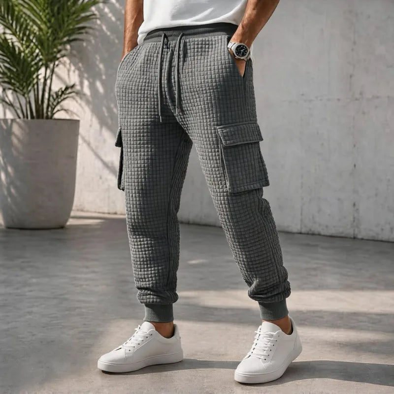 Men-Waffle-Quilted-Cargo-Jogger-Pants,Elastic-Drawstring-Sweatpants-Ribbed-Ankle-Cuffs-Casual-Streetwear-Trousers-Autumn-Winter