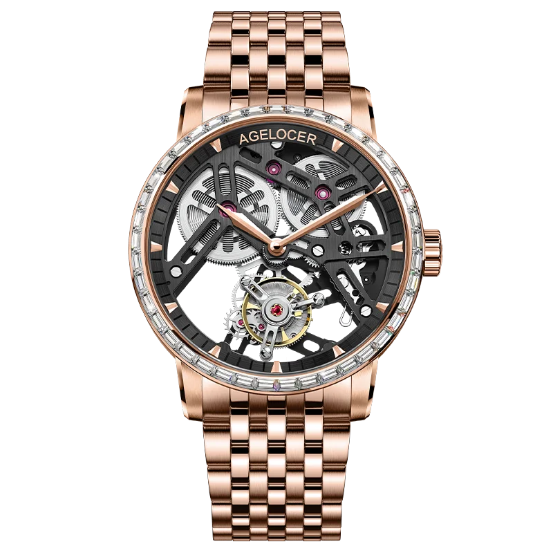 Rose gold watch with visible brand name on a white background