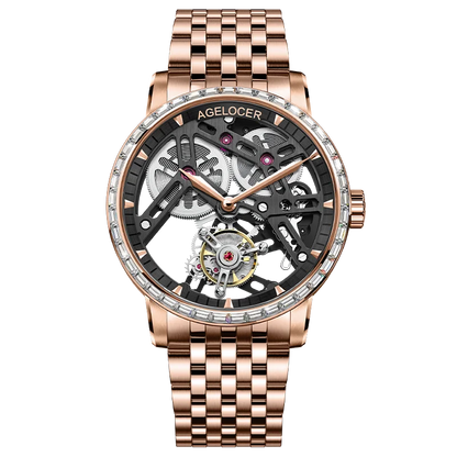 Rose gold watch with visible brand name on a white background