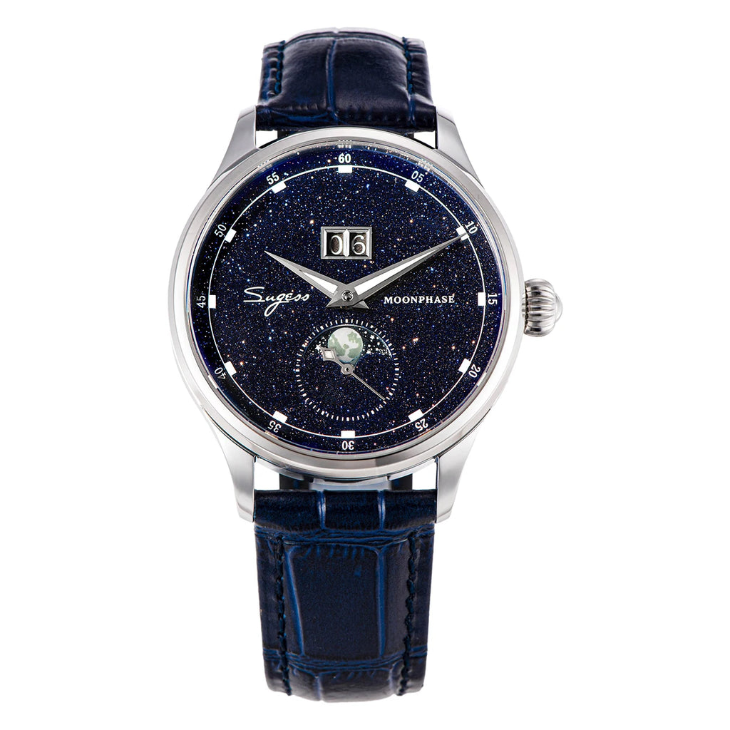 Watch with blue strap and starry face on a white background