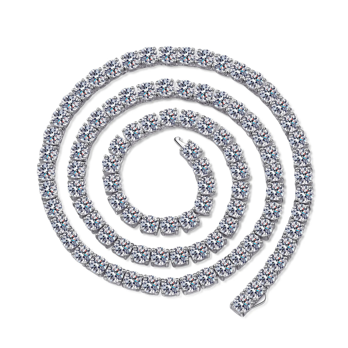 Silver necklace with clear gemstones on a white background